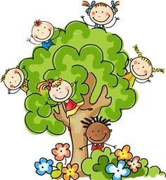 Children with smiling faces play around a large green tree, surrounded by flowers and butterflies.